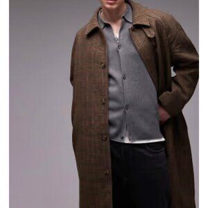 Topman Brown Plaid Car Coat Large Men's NWT